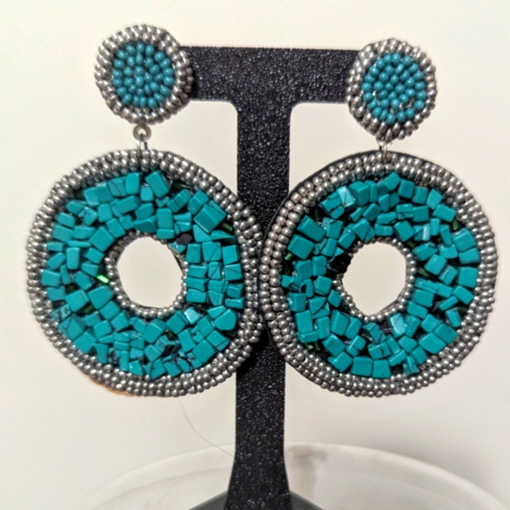 Turquoise and Silver Beaded Earrings 3"